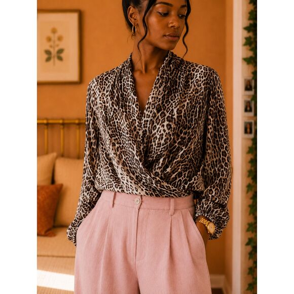 Essentials by Milano Tops - Essentials By Milano Leopard Draped Surplice Blouse Size L Officecore Mob Wife